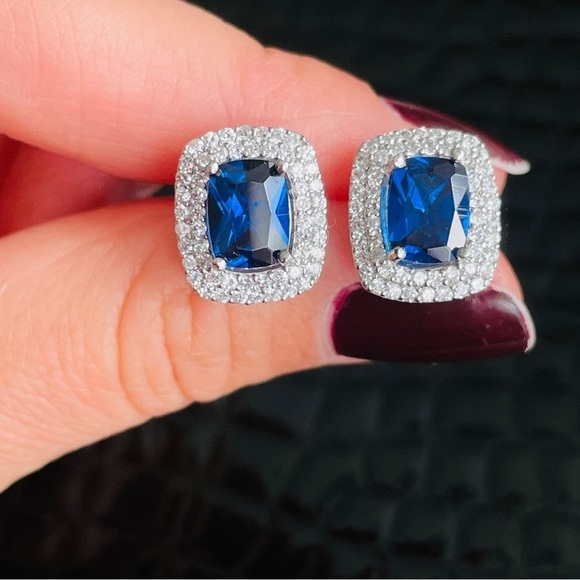 Lab Blue Sapphire Halo Sterling Silver Cocktail Ring & Earrings ASK FOR … - Picture 3 of 15